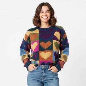 YETI Hand Knit Wool Heart Sweater | Vintage Boho Patchwork | Size M